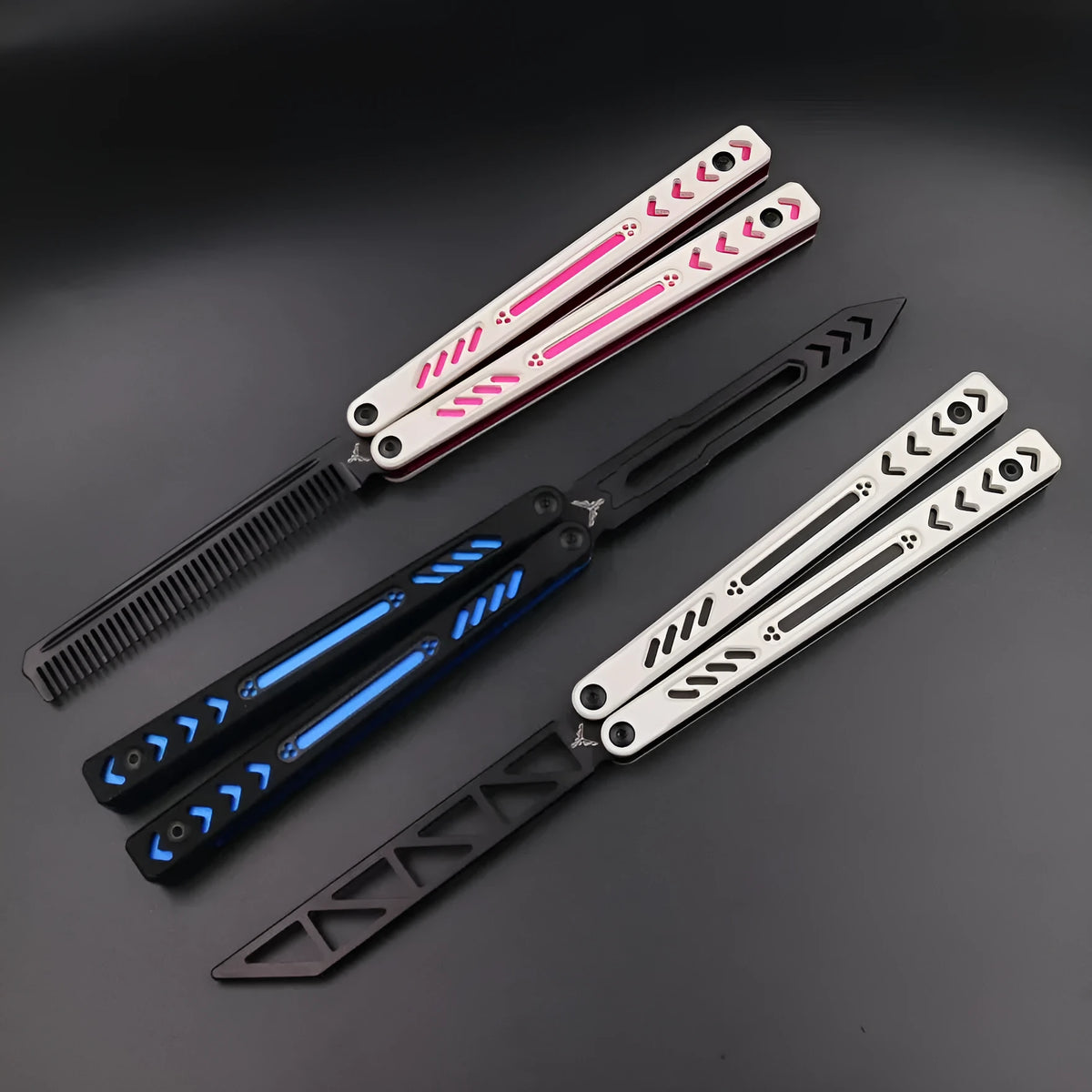 Unbladed butterfly knife trainer with aluminium handle and black G10 non-slip patches