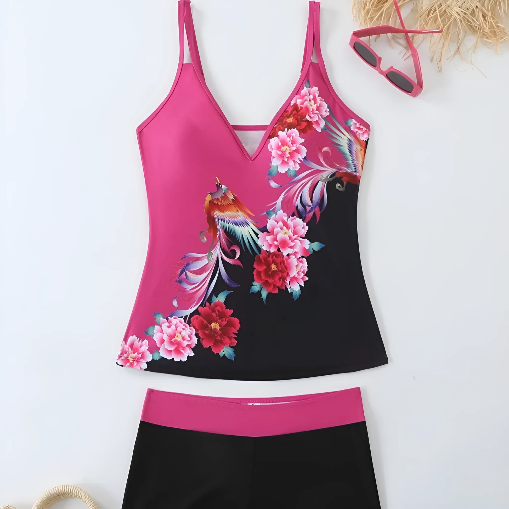 Plus size women's swimsuit in black or rose red with briefs style and cotton lining for swimming
