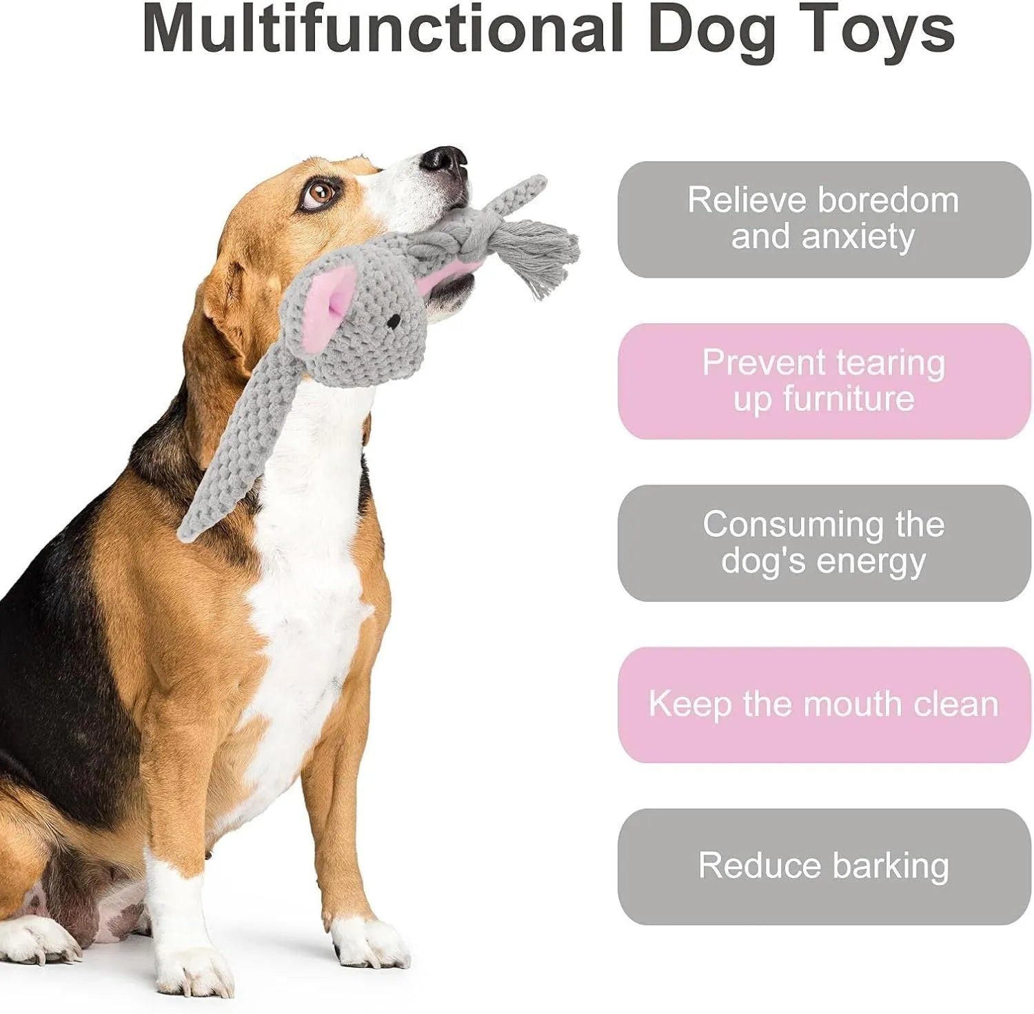 Stuffed animal dog plush toy with cotton rope, shown in elephant, fox, monkey, pig, or rabbit shapes.