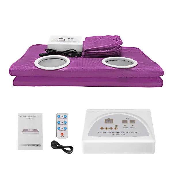 650W electric sauna blanket in grey, pink, or purple, with remote control, sleeves, and power cord.