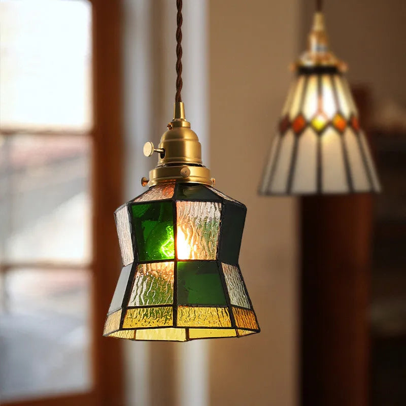 Japanese retro brass glass chandelier with E27 lamp holder, 9cm ceiling plate, and hand-blown glass shades for restaurant, bedroom, or homestay lighting with antique brass and walnut details