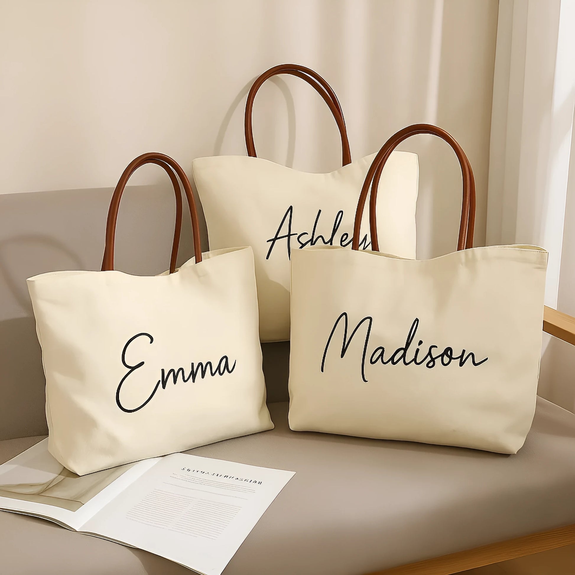 Cotton canvas tote bag shown in beige white and white colour options.