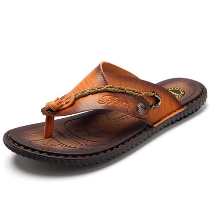 Men's black PU leather casual slippers with non-slip sole on a white background