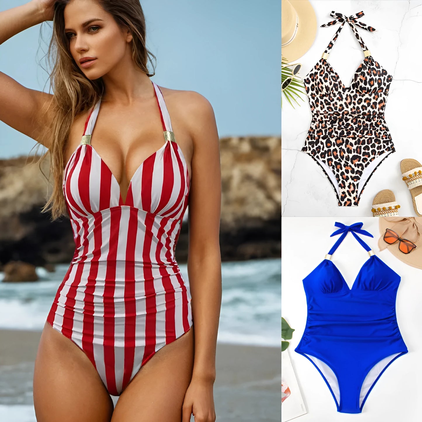 Women's conservative quick-dry swimsuit in leopard print pattern showing front design