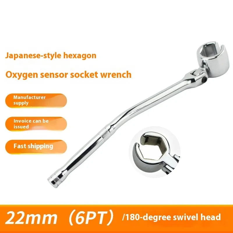 22mm hexagonal socket wrench for oxygen sensor removal, chrome vanadium steel dismantlement tool with 270mm total length, suitable for automotive and mechanical maintenance
