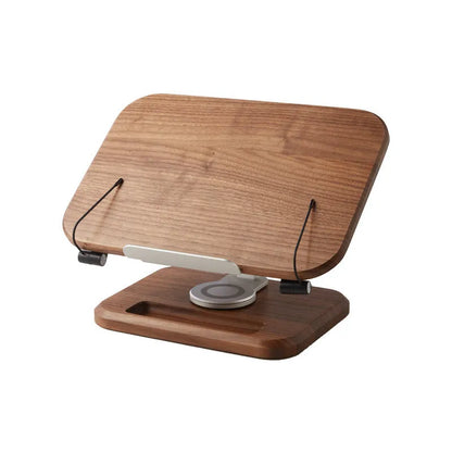 Walnut coloured solid wood adjustable reading rack with rotating base holding a book