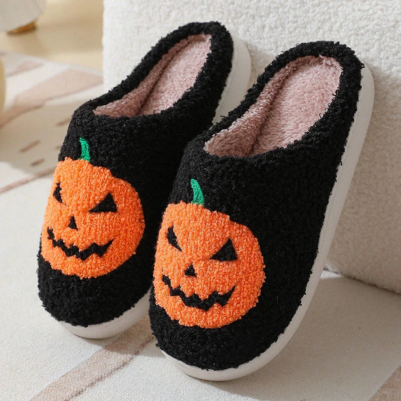 Cozy pumpkin cartoon slippers with soft suede uppers and plush cotton linings for comfortable indoor wear