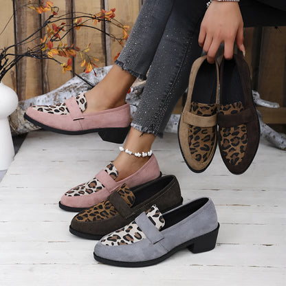 Leopard print slip-on suede pumps with a chunky mid-heel and pointed toe in brown