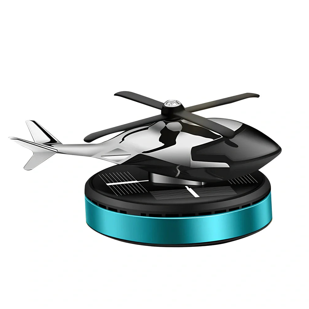 Solar helicopter car air freshener with rotating propeller and metal construction