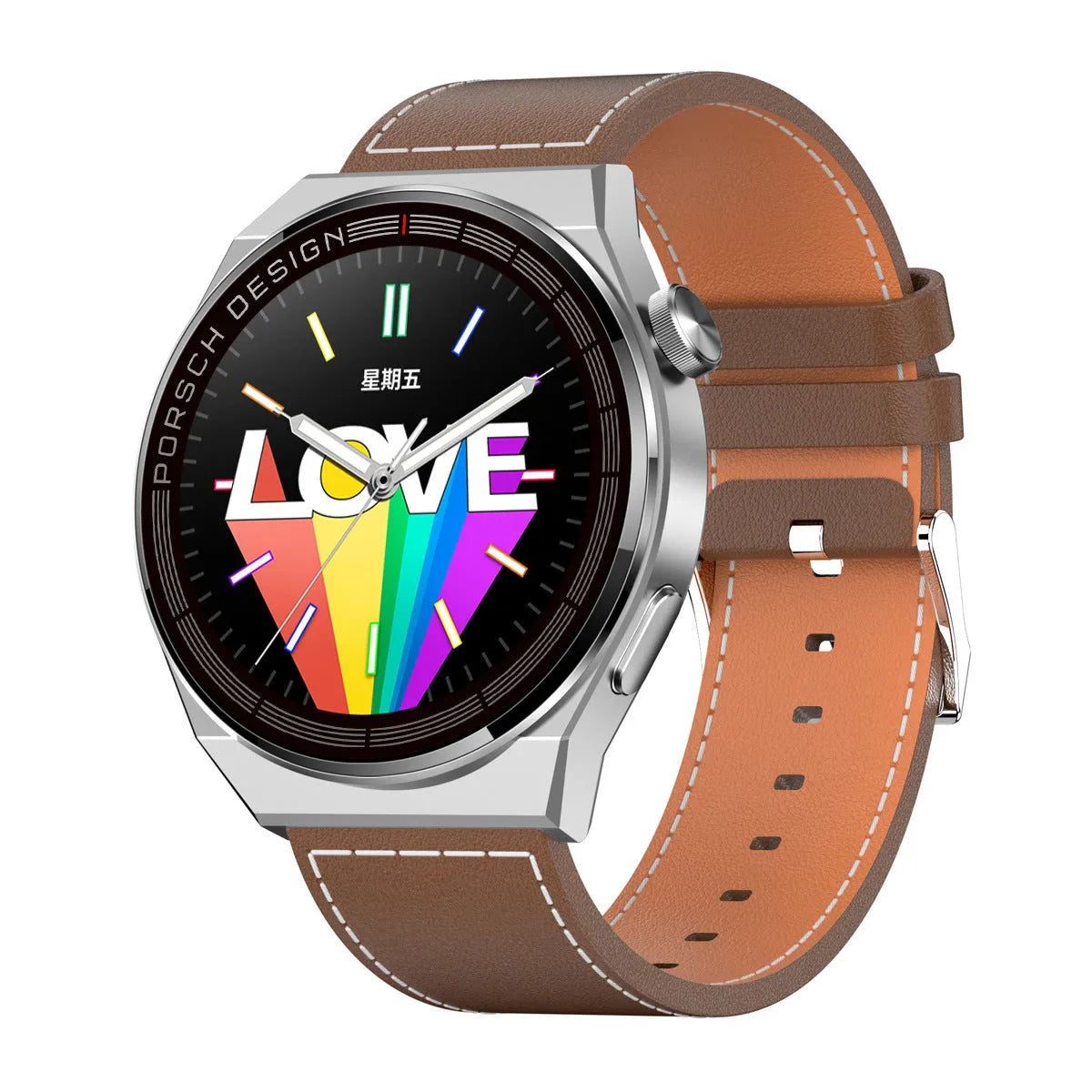 Black or silver smartwatch with a 1.39-inch glass screen on a silicone, steel, or leather-look strap.