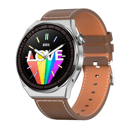 Black or silver smartwatch with a 1.39-inch glass screen on a silicone, steel, or leather-look strap.
