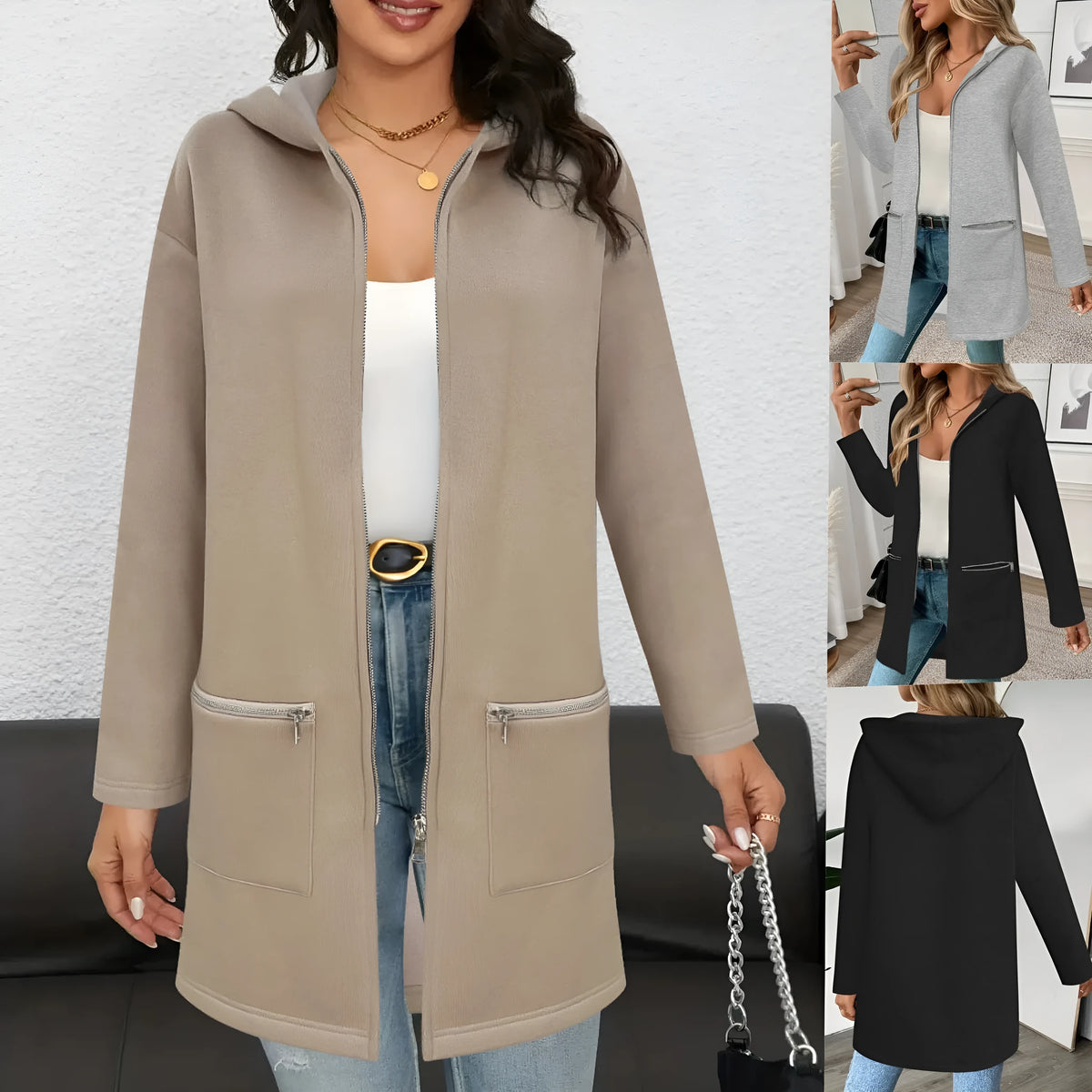 A grey women's loose-fit mid-length cardigan coat with pockets in a casual style.