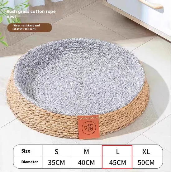 Rattan cat nest bed cage showing woven construction and elevated design for feline sleeping comfort