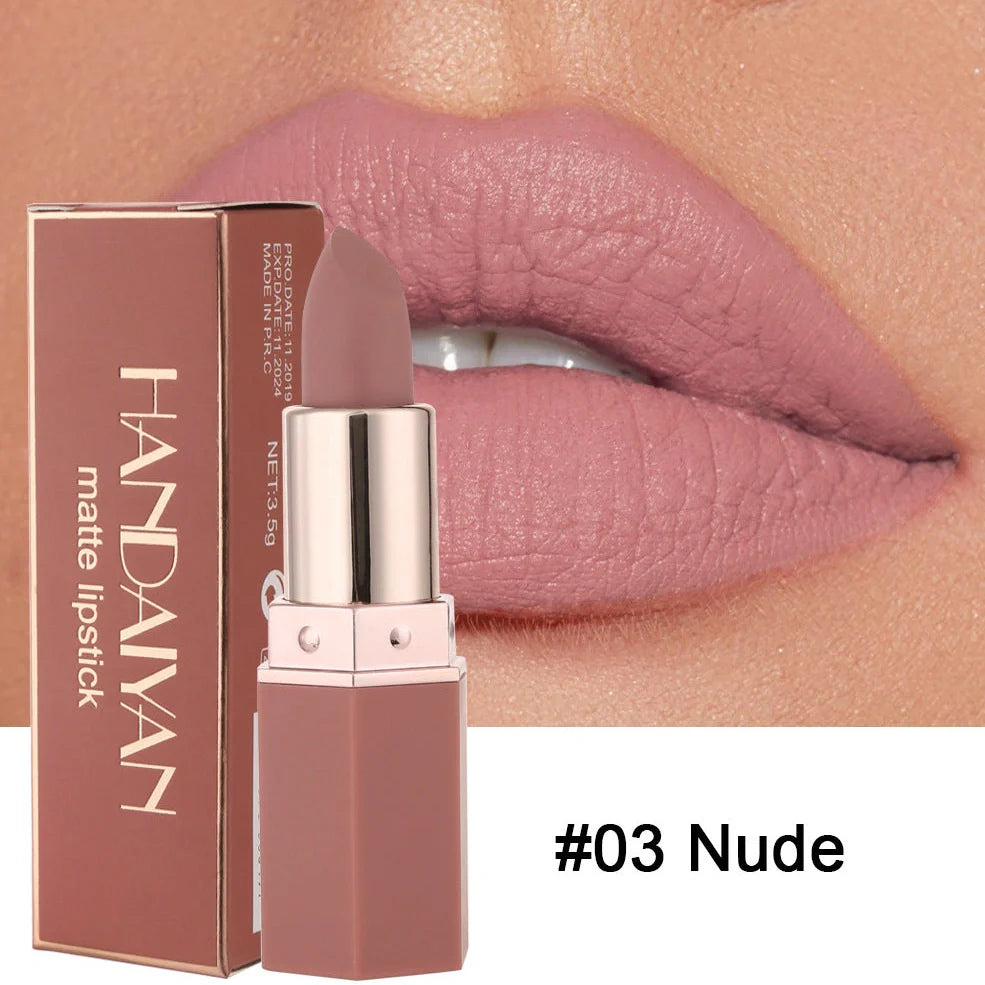 HANDAIYAN matte nourishing lipstick in six colours showing 3.5cm length and 1.2cm diameter bullet