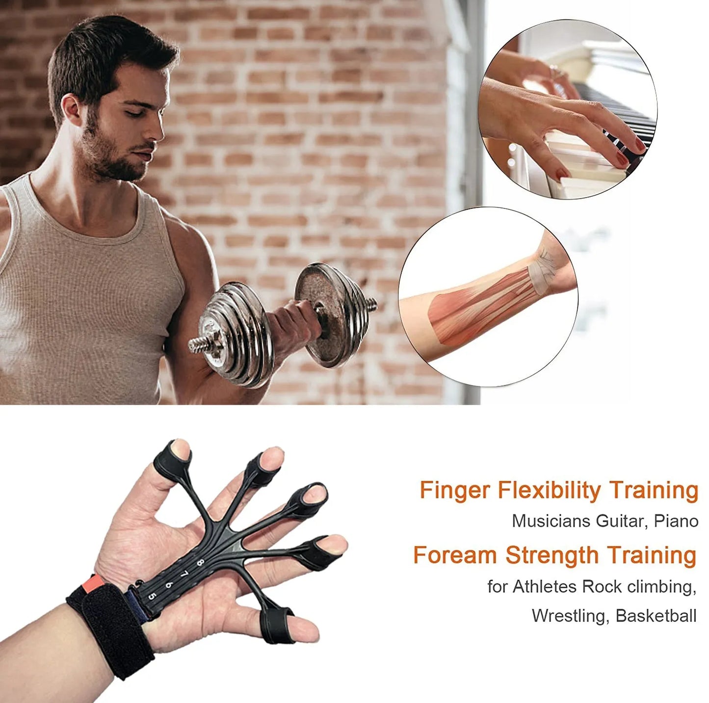 Black silicone finger tension rope trainer with adjustable belt on a grey background.