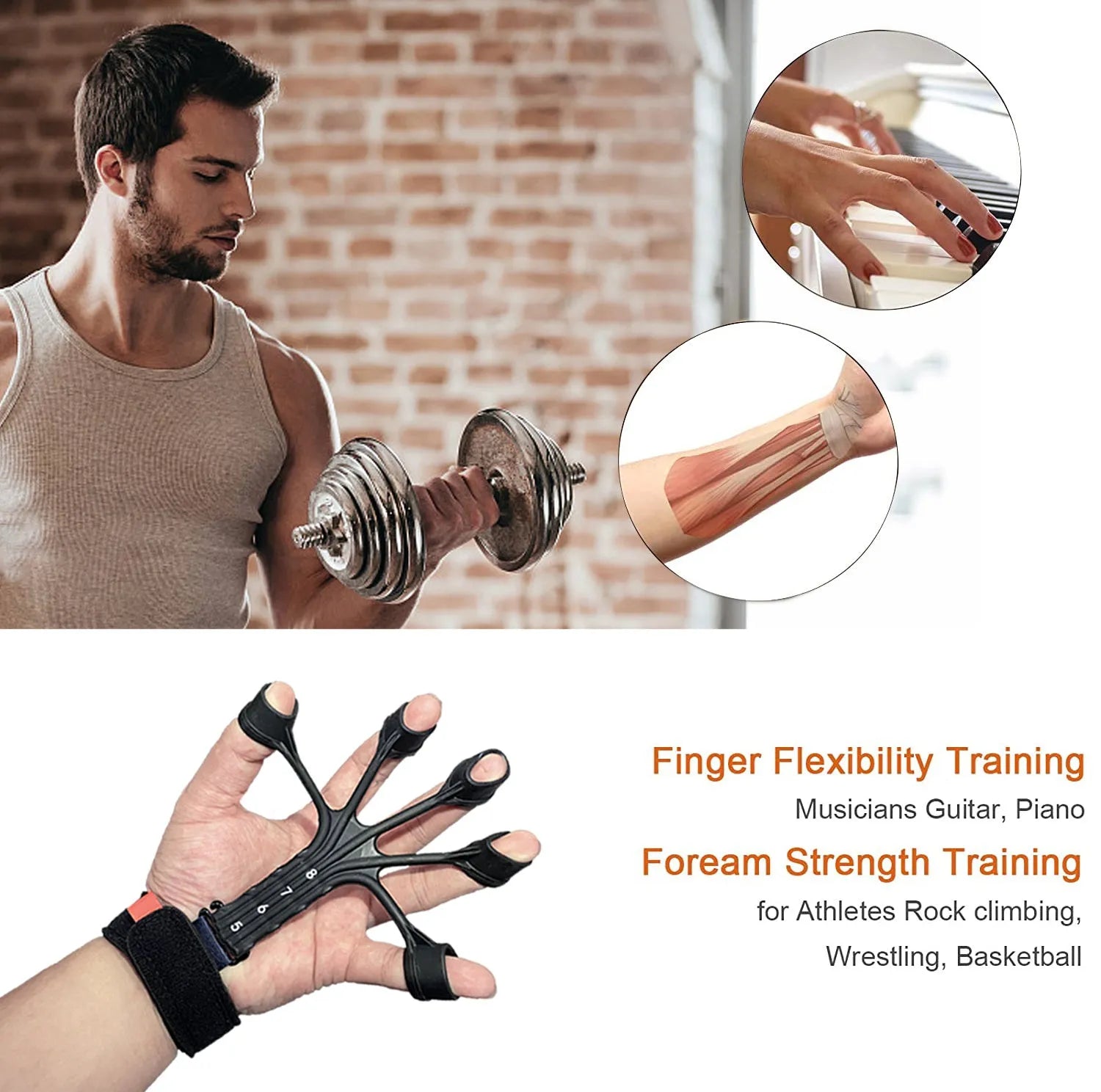 Black silicone finger tension rope trainer with adjustable belt on a grey background.