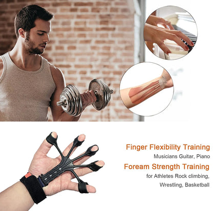 Black silicone finger tension rope trainer with adjustable belt on a grey background.