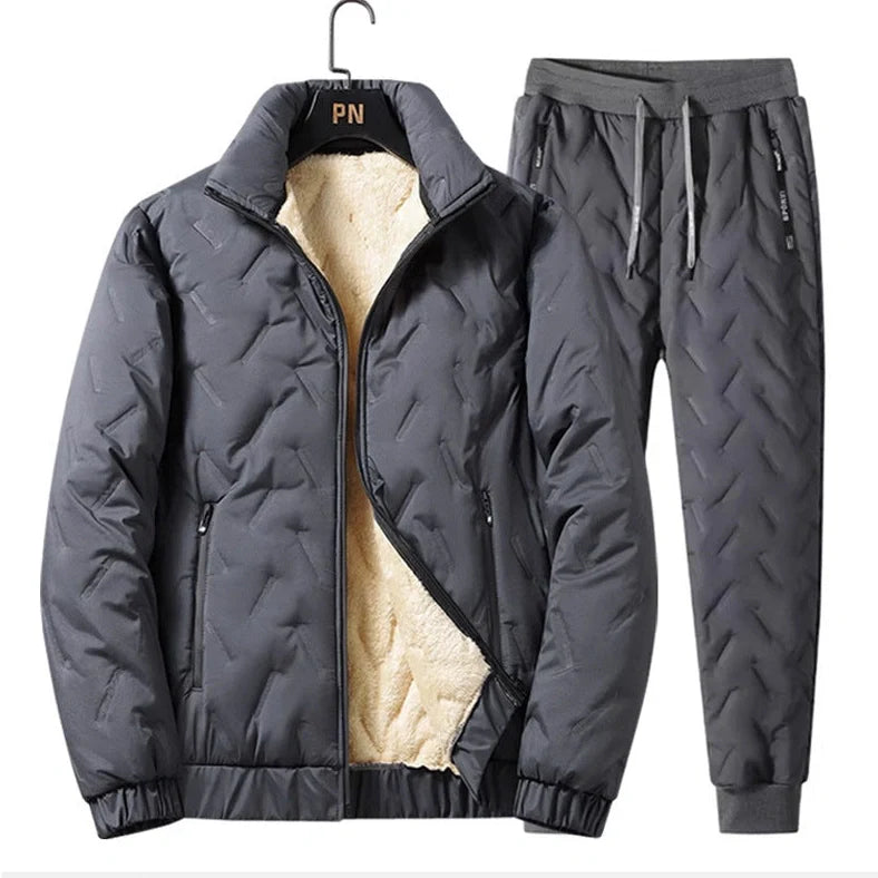 Men's grey fleece zipper jacket and tapered pants set with turn-down collar and zippered pockets