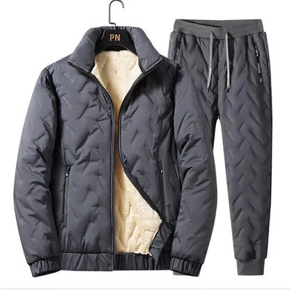 Men's grey fleece zipper jacket and tapered pants set with turn-down collar and zippered pockets