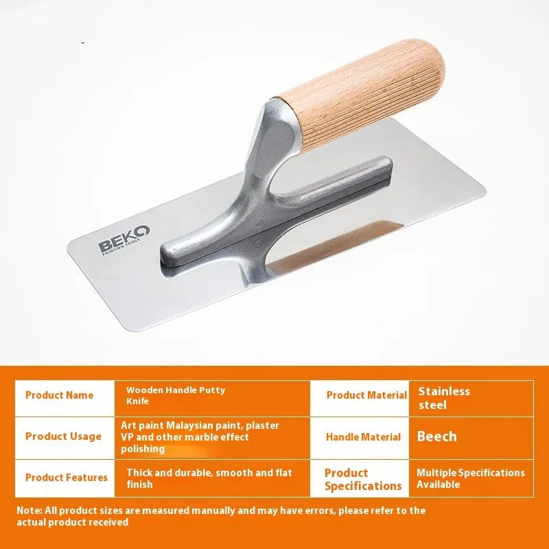 Stainless steel putty scraper with wooden handle for scraping walls and floors.