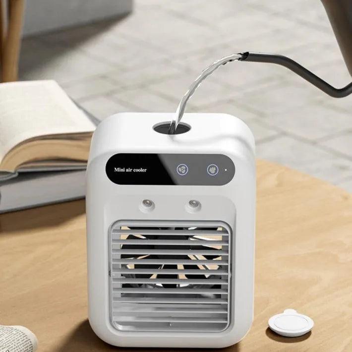 Ivory white USB portable air cooler with water tank and touchscreen display for personal cooling