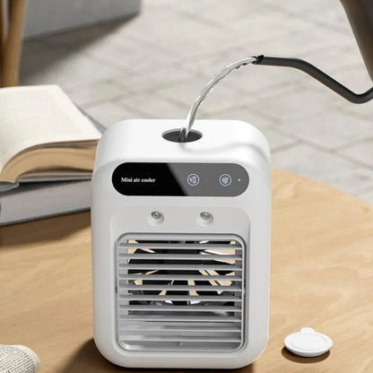 Ivory white USB portable air cooler with water tank and touchscreen display for personal cooling