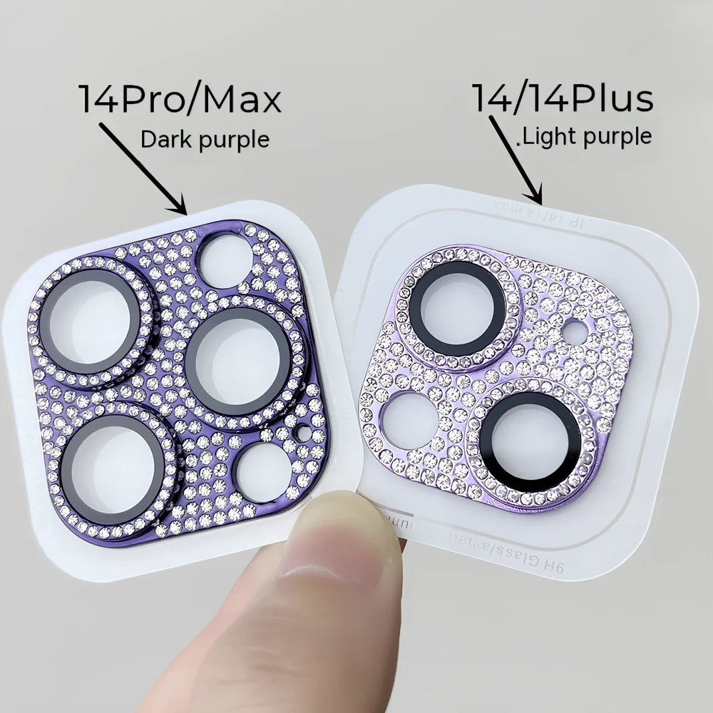 Diamond-embedded iPhone lens protector with 9H hardness showing black colour option on iPhone 15 Pro
