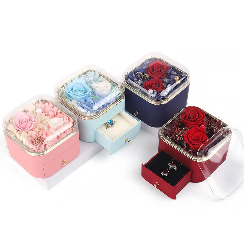 Valentine's Day rose flower drawer jewellery box with preserved eternal flowers and love crystal necklace gift set