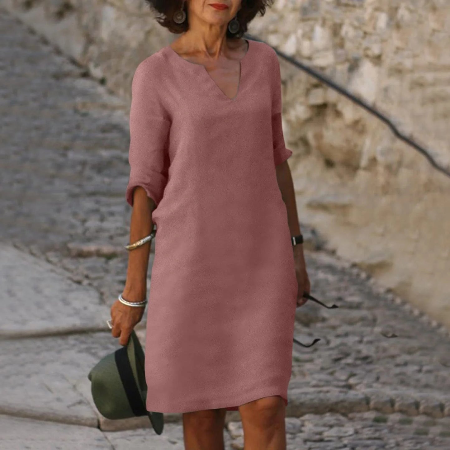 Retro cotton and linen V-neck dress with high waist and summer stitching in various colours
