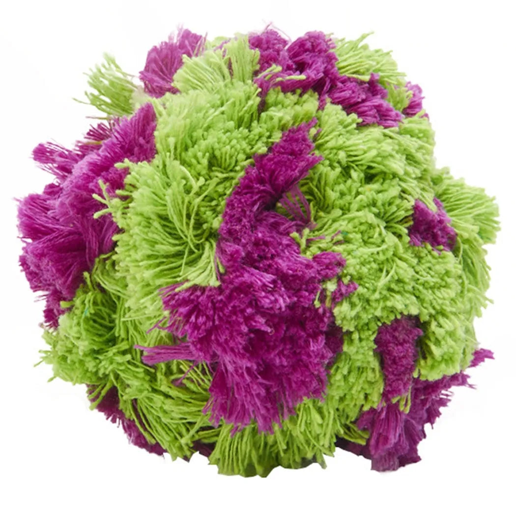 Purple plush dog chew ball toy approximately 15cm diameter for interactive play
