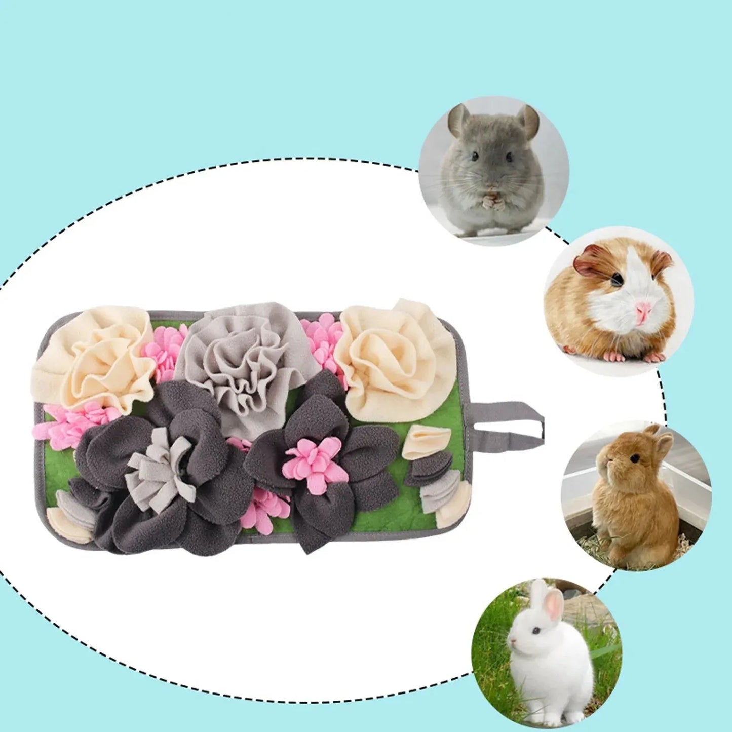 Grey square woven foraging mat for rabbits and guinea pigs on a neutral background.