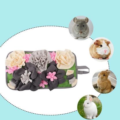 Grey square woven foraging mat for rabbits and guinea pigs on a neutral background.