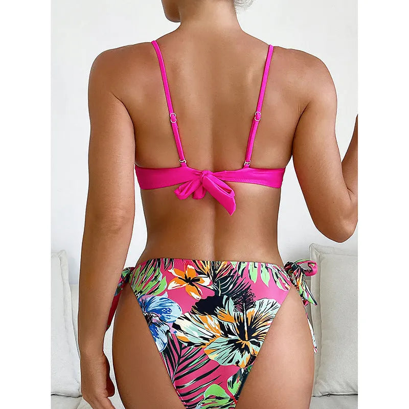 Rose red women's bikini swimsuit with braided rope design detail
