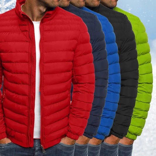 Men's insulated jacket in various solid colors with zipper closure, long sleeves, and pockets