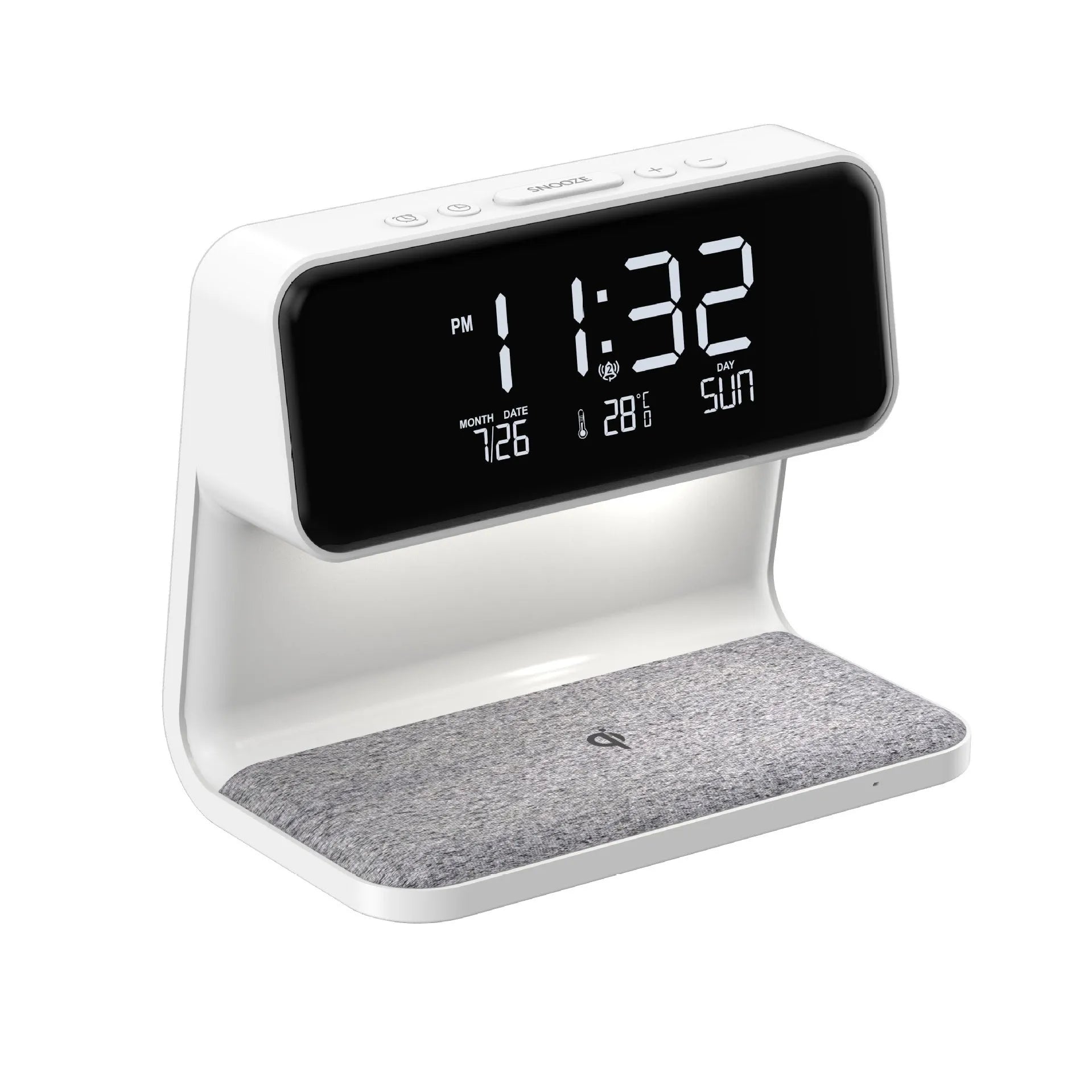 White 3-in-1 bedside lamp with wireless charging pad, LCD alarm clock screen, and touch controls.