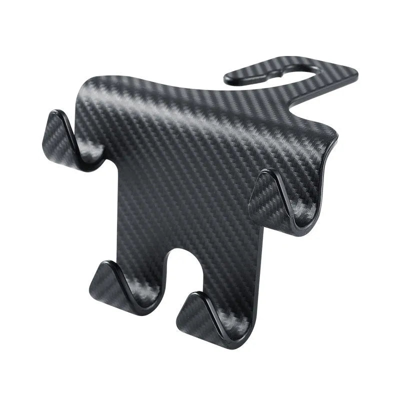 Black ABS plastic car hook and mobile phone holder bracket for rear seat mounting.