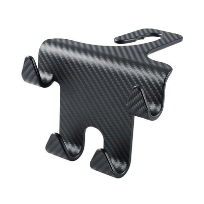 Black ABS plastic car hook and mobile phone holder bracket for rear seat mounting.