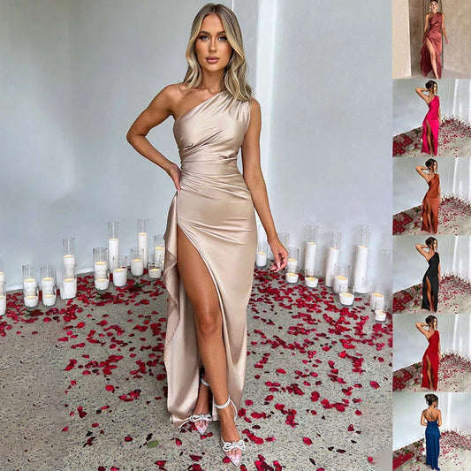 Chic one-shoulder backless slit dress in various colors, including red, apricot, rust, royal, wine red, and more.