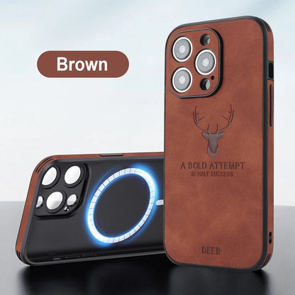 iPhone 16 magnetic charging case with a raised 3D embossed moose head pattern on a faux leather back in dark green.