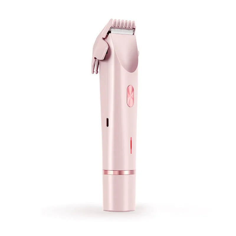 Pink electric shaver with double head, USB cable, and brush for women's body grooming