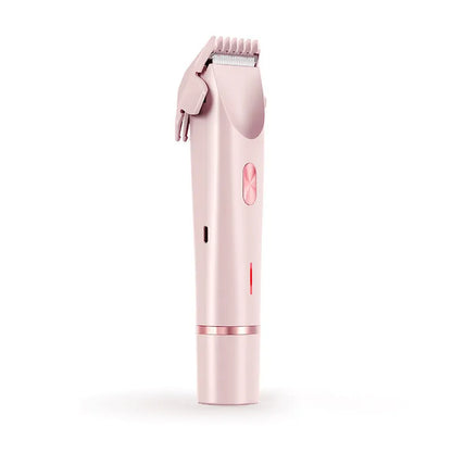 Pink electric shaver with double head, USB cable, and brush for women's body grooming