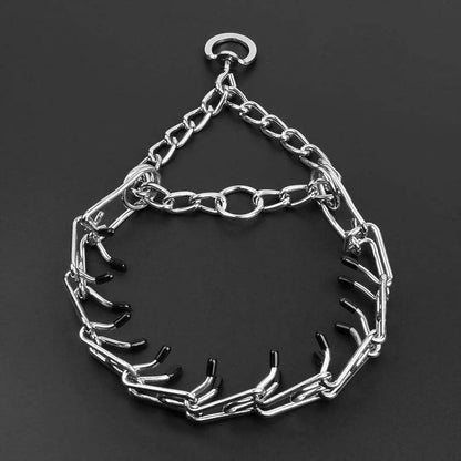 Stainless steel dog training collar with adjustable prong links and rubber comfort tips for medium to large dogs
