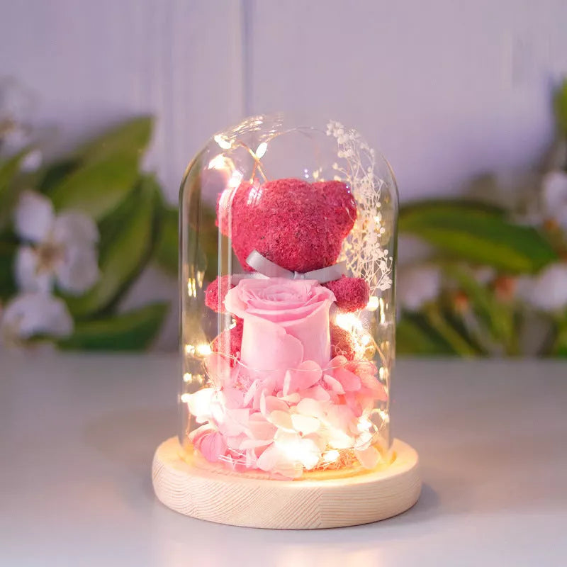 Eternal preserved rose and teddy bear gift box with warm LED lights
