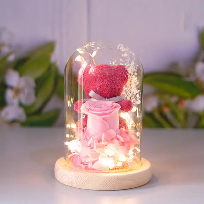 Eternal preserved rose and teddy bear gift box with warm LED lights
