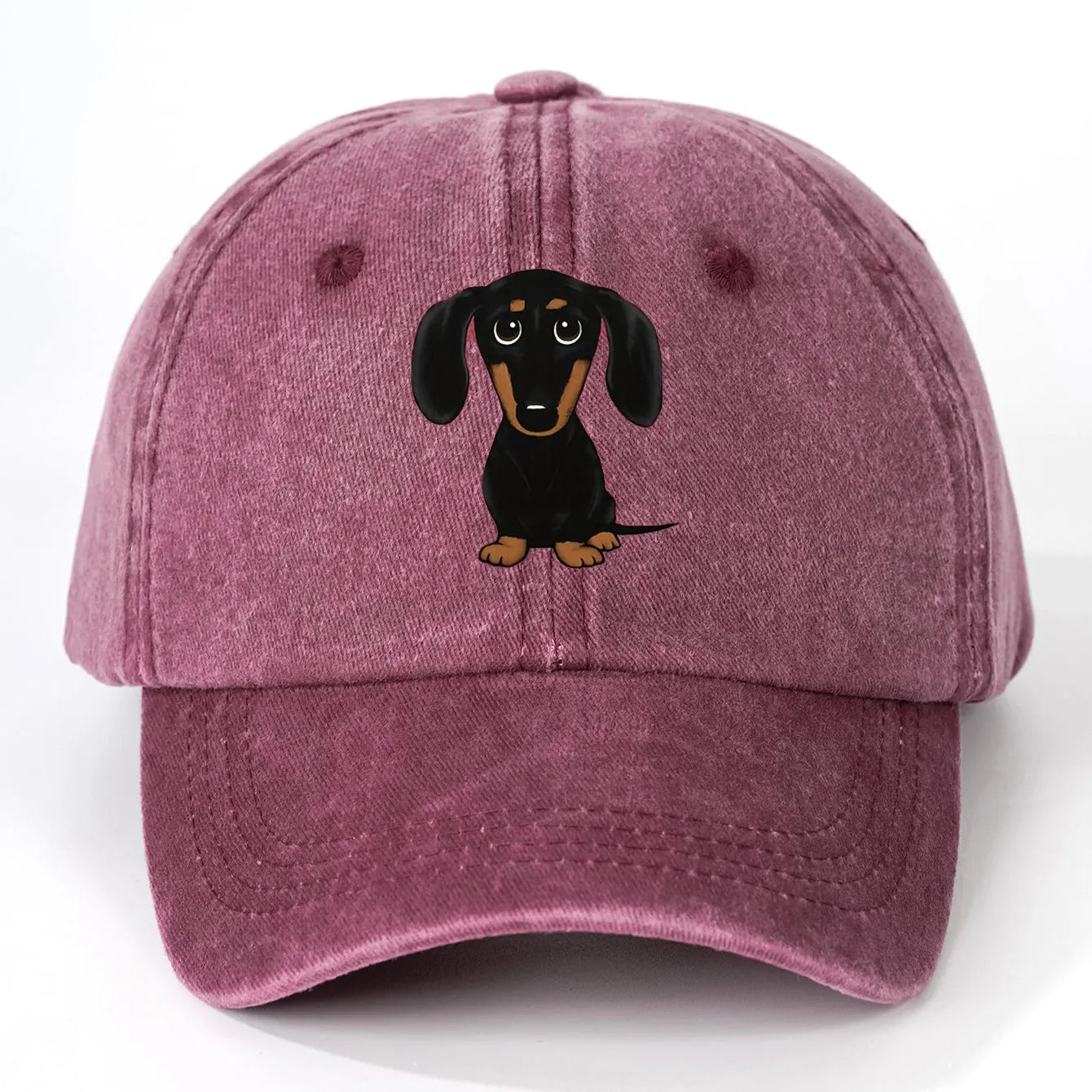 Retro washed cotton baseball cap with an embroidered Dachshund dog print on the front.