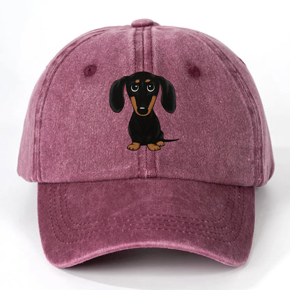Retro washed cotton baseball cap with an embroidered Dachshund dog print on the front.
