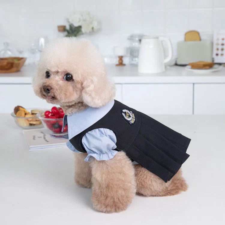Dark grey polyester casual dog clothing shown on pet model with size options from 2XS to 3XL