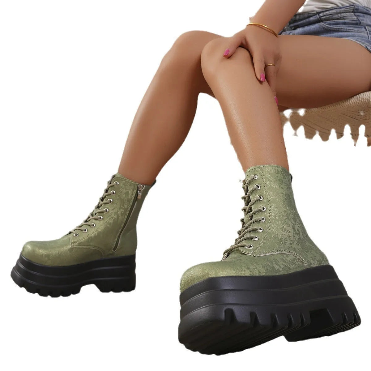 Women's white retro patchwork Martin boots with chunky heel and side zipper.