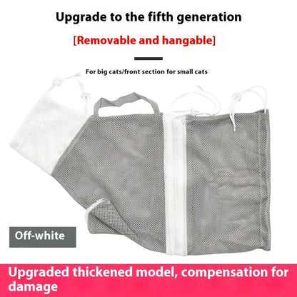 Upgraded fifth-generation cat grooming bag in grey and white, shown detachable and scratch-resistant.