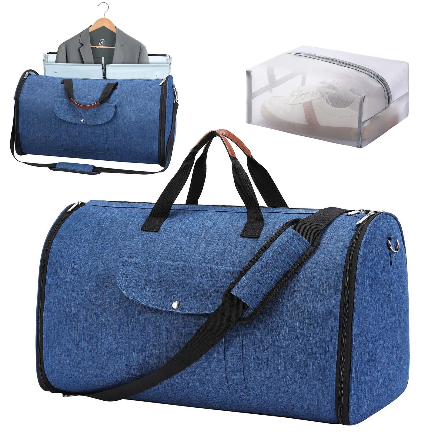 Folding duffel travel bag in dark blue Oxford cloth, shown packed and folded flat.